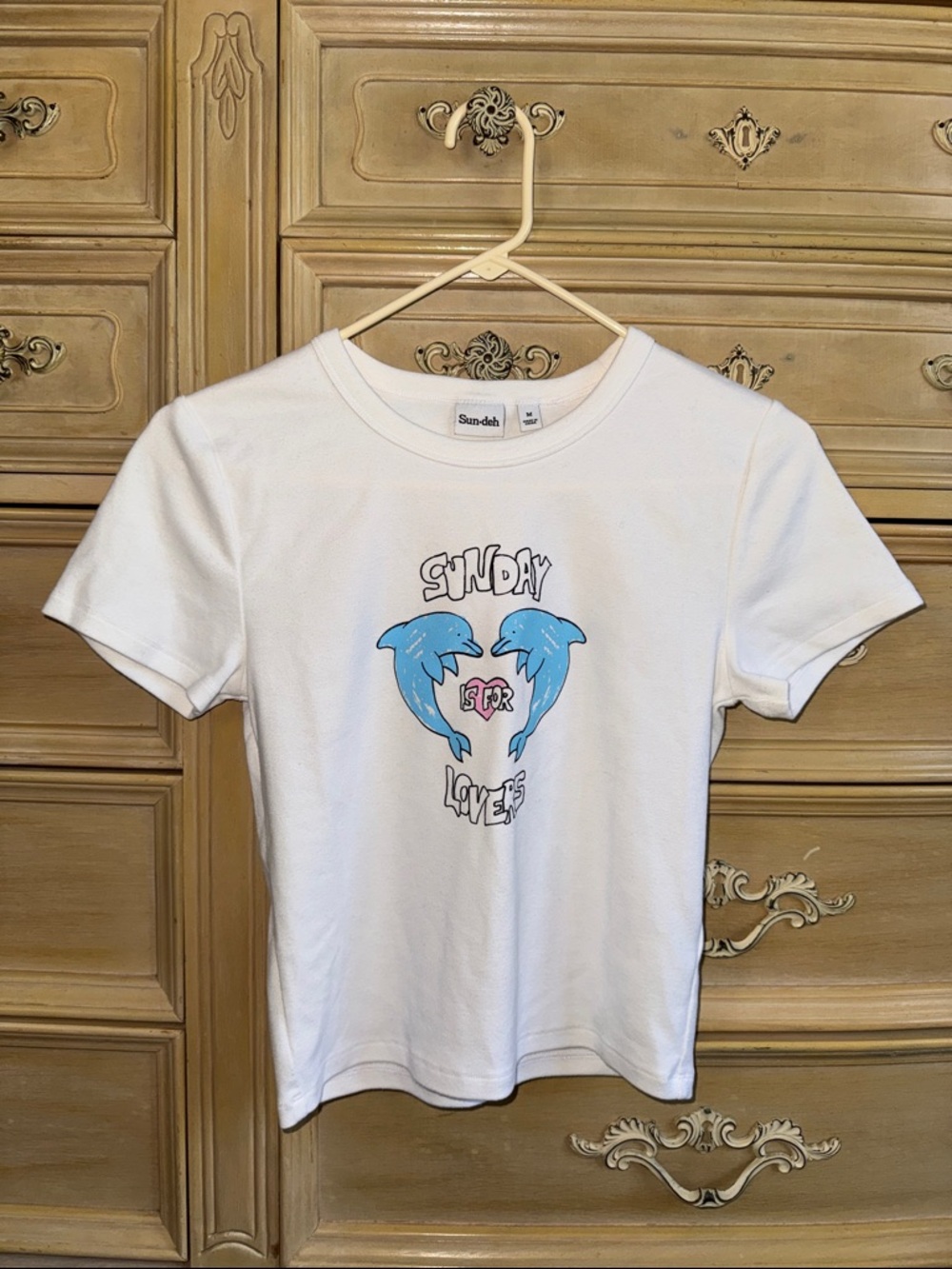 Aritzia Sun-deh White Tee with Blue Dolphin Heart Graphic